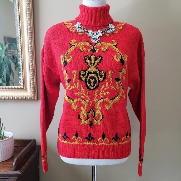 Vintage Liz Claiborne Red Gold Silk Cotton Ornate Regency Turtleneck Sweater M - Picture 7 of 8